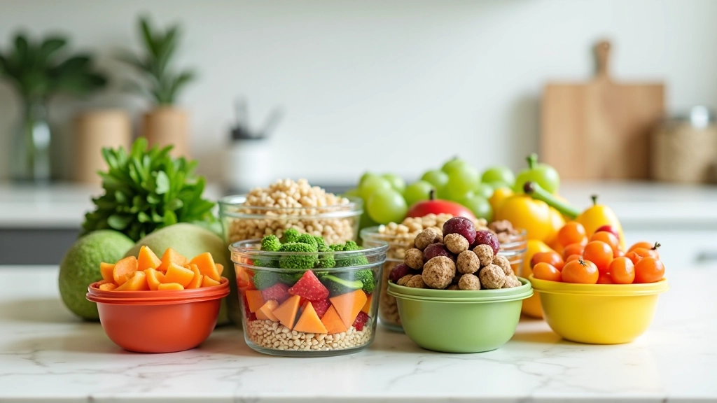 Colorful meal prep with balanced proteins vegetables and grains on kitchen counter