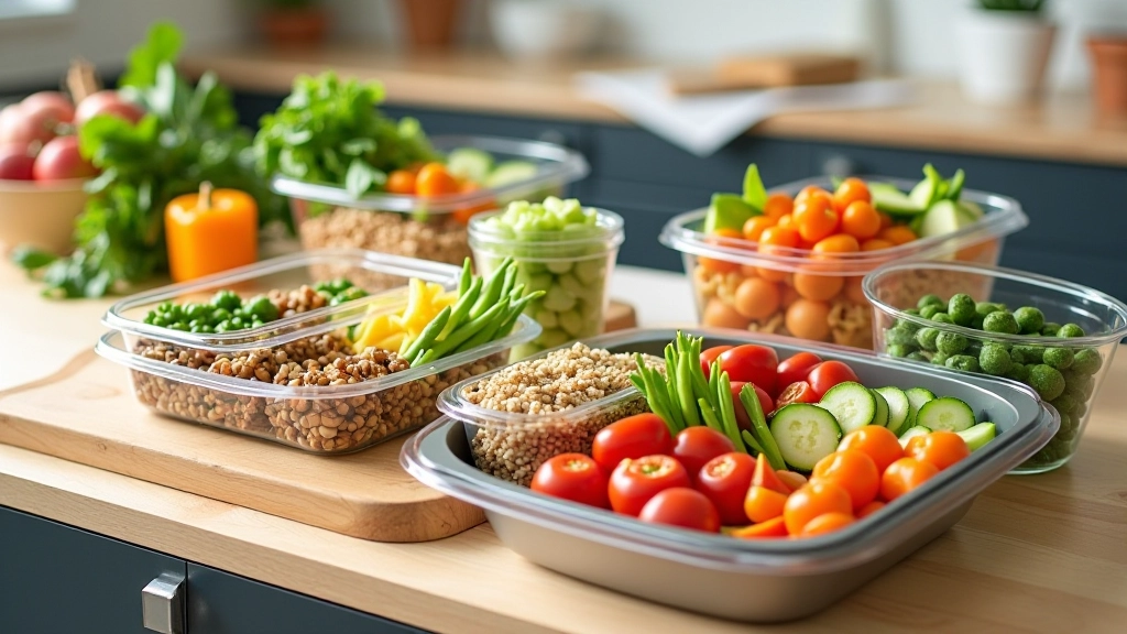 Colorful meal prep containers with vegetables, proteins, and grains on kitchen counter