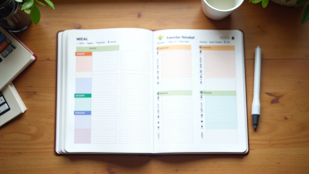 Weekly planner spread on desk with color-coded sections, pen, and coffee