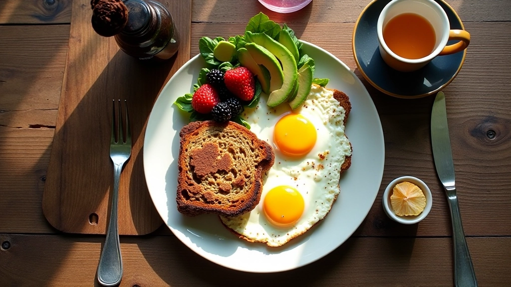 Overhead view of balanced breakfast plate with scrambled eggs, whole grain toast, fresh berries, and sliced avocado on wooden table