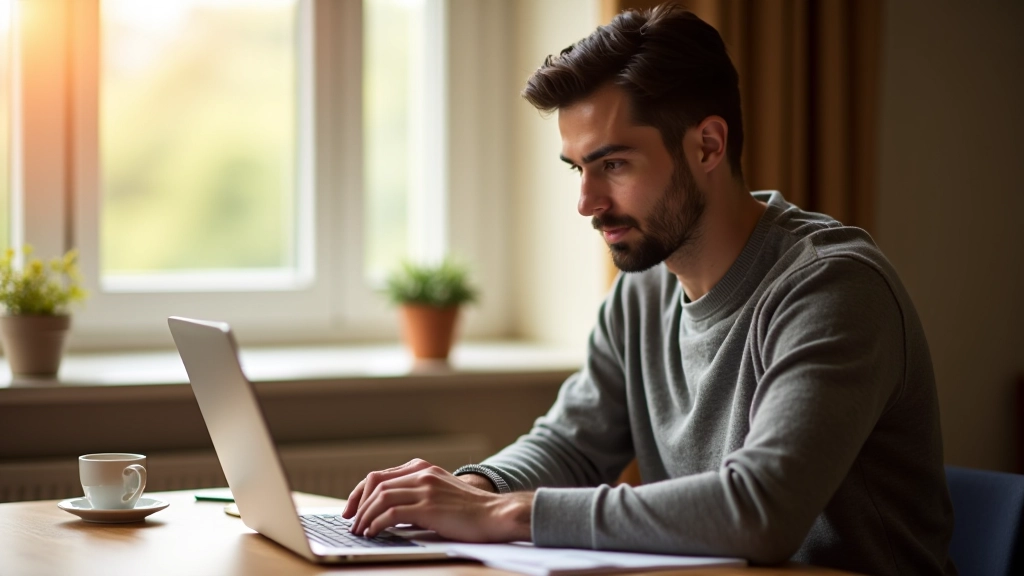 Person in focused work session at laptop with coffee, natural window light, productivity and flow state evident
