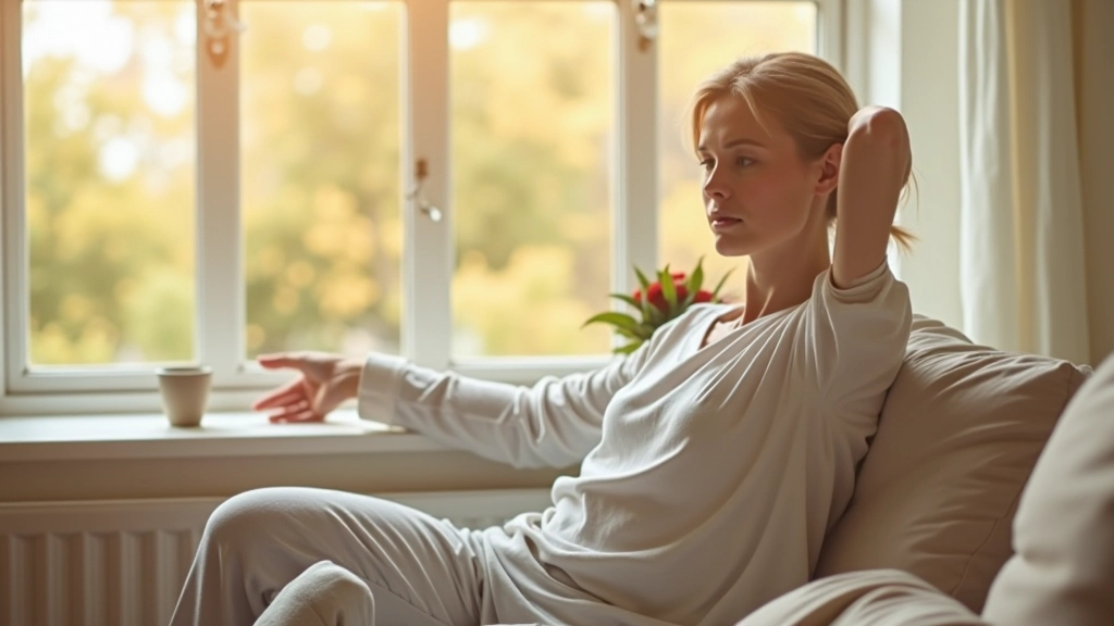 Person stretching in morning light near window with coffee, starting the day with intention