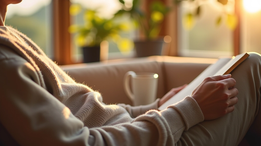 Person relaxing with tea and book on couch, peaceful afternoon light through windows
