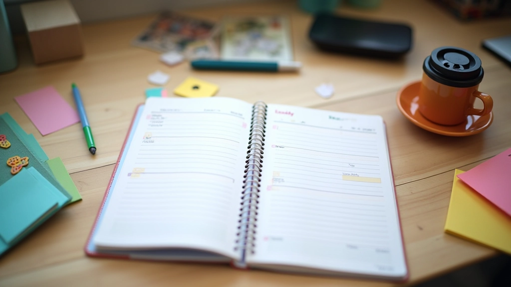 Weekly planner with color-coded schedule showing energy peaks and task allocation throughout the week