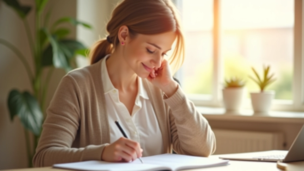 Woman reviewing energy patterns in daily planner at home office, natural morning light, focused work