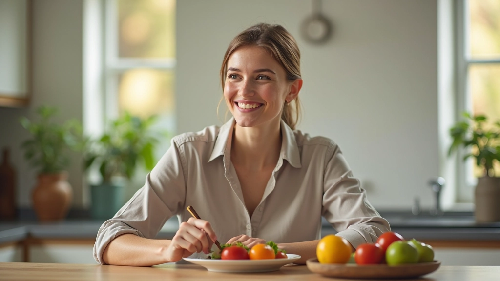 Woman eating a balanced meal with vegetables and whole grains at sunny kitchen table with fresh fruit nearby