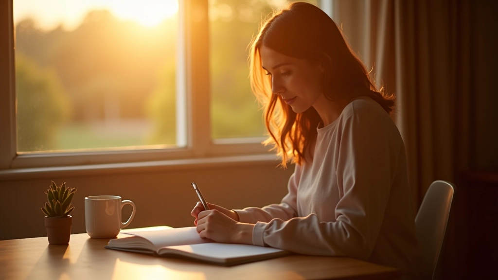 Person writing in journal at sunrise with coffee on wooden desk, morning light